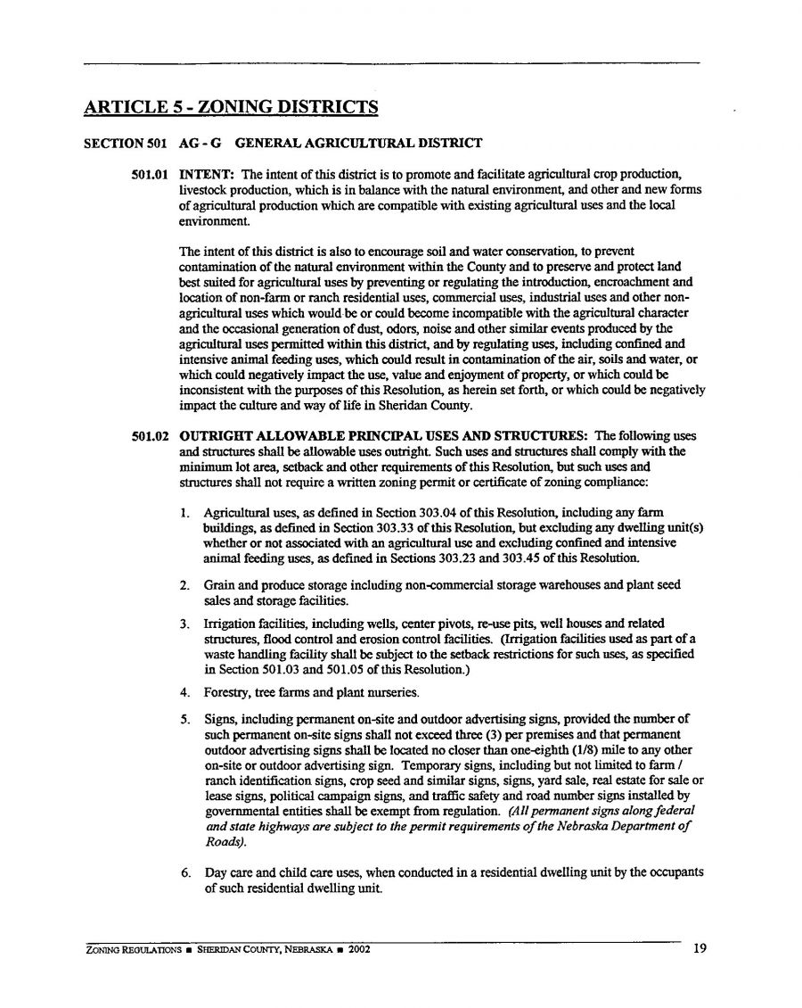 Zoning Regulations - Sheridan County Nebraska - 2002  Page 19