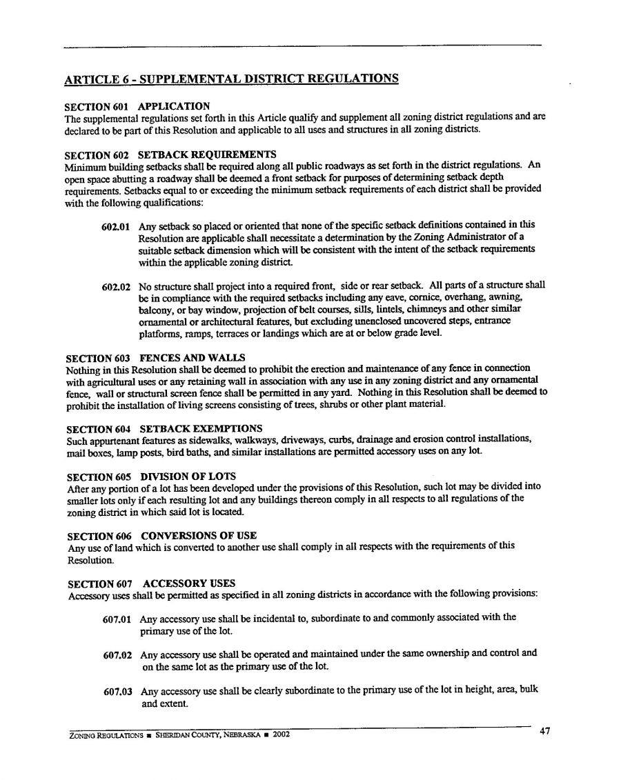 Zoning Regulations - Sheridan County Nebraska - 2002 Page 47